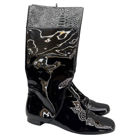 Coach Fresna Black Patent Leather Croc Print Tall Riding Boots Women 7 - Picture 1 of 8